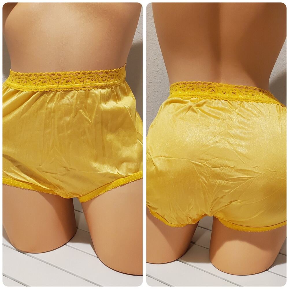Shadowline 17014 Silky Shiny Nylon Brief Panty Lace Trim Hello Yellow 7/L